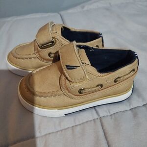 Nautica Kids Tan Canvas Moccasin Boat Shoes with Navy Accents